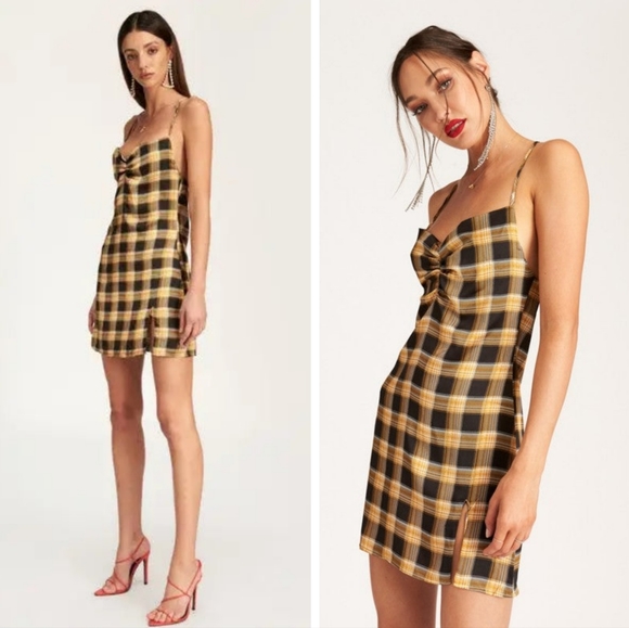Urban Outfitters Lioness Sun City Plaid Sweetheart Neck Mini Dress Yellow Small - Picture 2 of 13